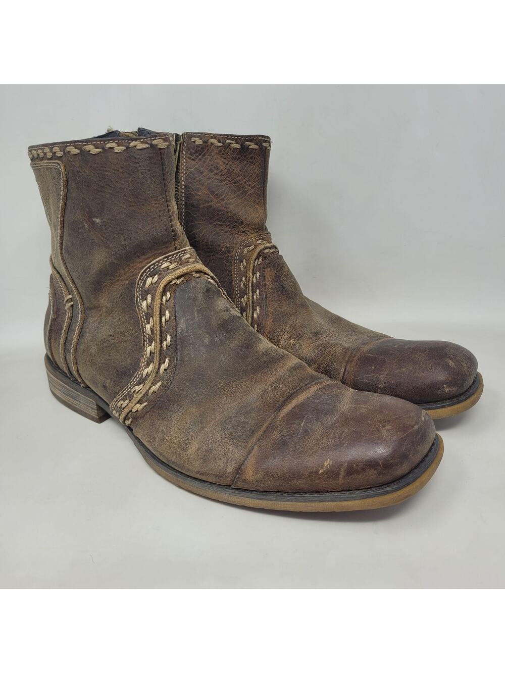 Bed Stu Boots 9 Brown Leather Revolution Ankle Zip Square Toe Distressed Rugged
